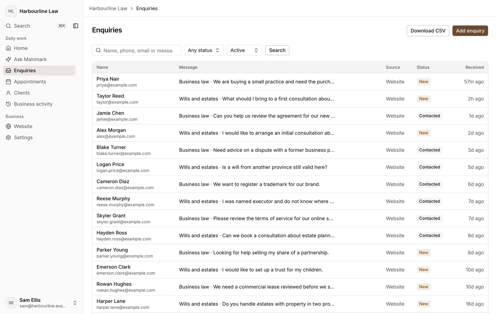 The same firm's enquiries in the Mainmark dashboard: who wrote, what about, where it came from, its status and when it arrived