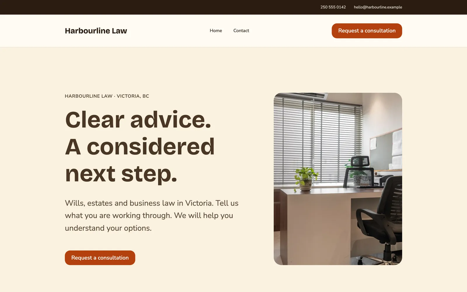 The website Mainmark made for a sample law firm, Harbourline Law: a headline, a line about wills, estates and business law in Victoria, a photograph of an office and a button to request a consultation