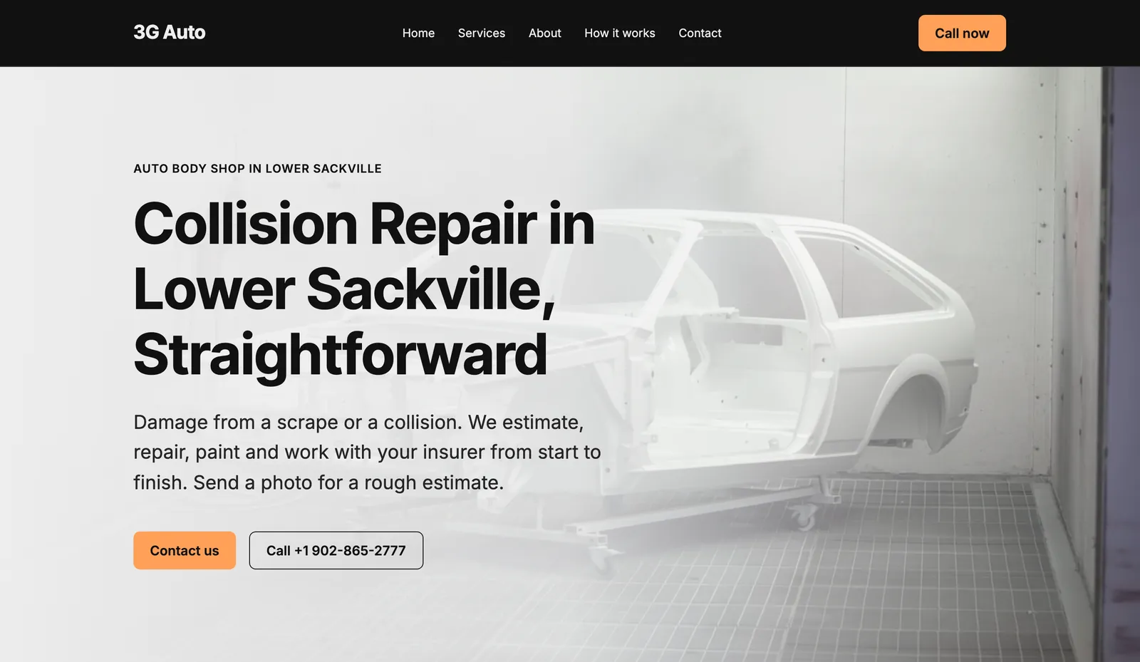 The home page of an auto body shop's website made with Mainmark: collision repair, over a photograph of a car body in a paint booth, with Contact us and call buttons